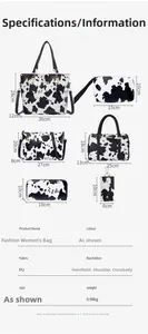 Size chart showing 6-piece cow print tote set dimensions in durable PU leather material