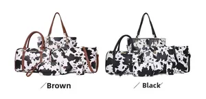 Detail view of 6-piece cow print tote bag set available in brown and black trim colors