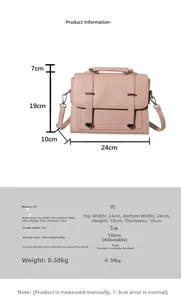 Pink PU leather handbag dimensions 24x19x10cm with adjustable shoulder strap and handle