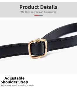 Detail of adjustable black leather strap with premium gold metal square buckle fastener