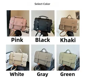 Grid display of minimalist satchel bags in pink, black, khaki, white, gray, and green colors