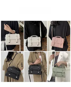 Litchi texture square handbag shown in multiple colors and carrying styles