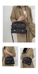 Three-way carry view of black pebble leather satchel with silver hardware and top handle