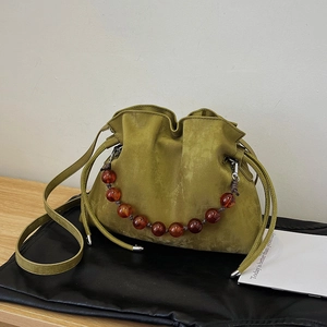 Women Fashion PU Leather Beaded Handle Drawstring Bucket Bag Pleated Cloud Bag Vintage Minimalist Crossbody Shoulder Bag