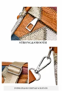 Detailed view of retro patchwork leather texture and polished silver metal hardware