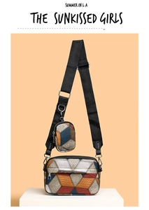 Detail view of colorful geometric patchwork crossbody bag with textured faux leather