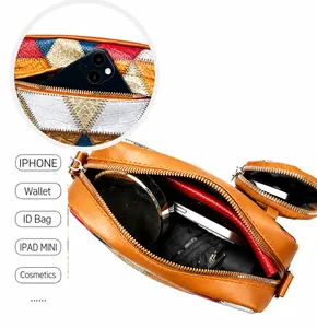 Detail view of colorful patchwork crossbody bag with mini pouch and spacious interior