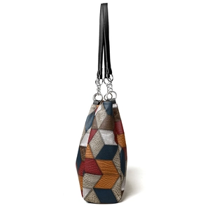 Multicolor geometric patchwork tote bag in textured leather with silver metal rings