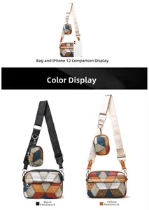 Retro geometric patchwork crossbody bag set with mini round pouch and size comparison