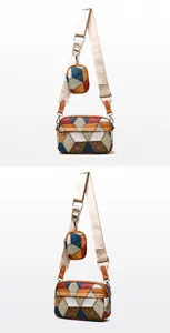 Detailed views of a geometric patchwork shoulder bag with adjustable wide strap and coin pouch
