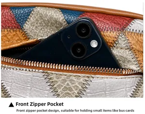 Close-up of front zipper pocket on color-block bag showing textured leather details