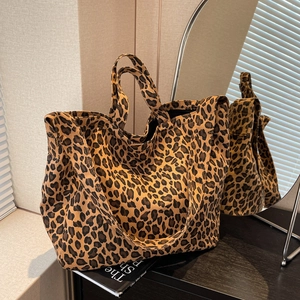 Stylish large capacity leopard print canvas tote bag with shoulder straps for women