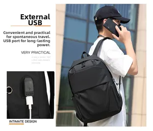 Detail of side external USB charging port on black nylon waterproof laptop backpack