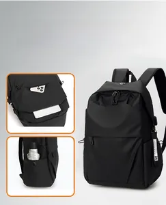 Detail of waterproof backpack side featuring USB charging port and elastic side pocket