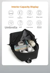 Detail of laptop backpack interior with large capacity storage and striped lining