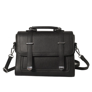 Classic black litchi texture handbag with top handle and adjustable shoulder strap