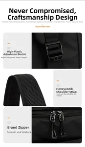 Detail view of durable buckles, breathable mesh straps and smooth metal zippers on backpack