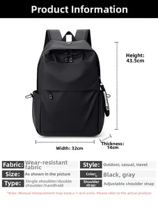 Detailed size chart for black laptop backpack showing height 43.5cm and width 32cm