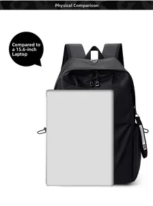 Size comparison showing the black backpack next to a 15.6-inch laptop for scale
