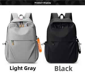 Front detail of minimalist waterproof backpacks in light grey and black with side straps