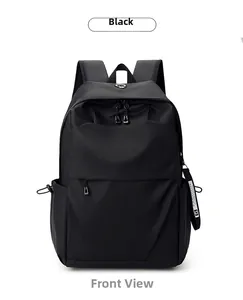Front view detail of a black minimalist large capacity backpack for school and travel