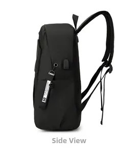 Side view of black business backpack showing external USB port and breathable mesh straps