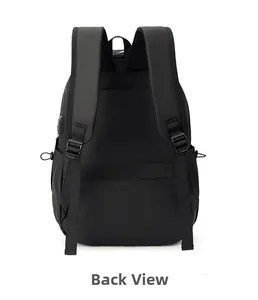 Detailed back view of a black laptop backpack showing ergonomic mesh straps and USB port