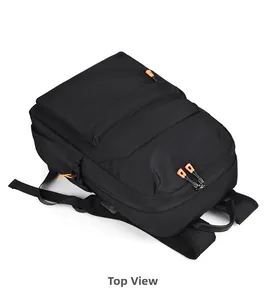 Top view of black nylon backpack showing zippers with orange pullers and padded handle