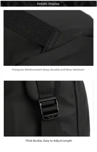 Detail view of reinforced triangular stitching and adjustable buckle on black backpack