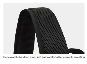 Detail of breathable honeycomb mesh shoulder strap on black water-resistant backpack