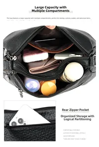 Détail du sac bandoulière en cuir noir avec trois compartiments zippés et grande capacité