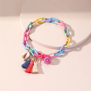 Colorful resin chain anklet featuring shell charms and fringe tassels in vibrant tones