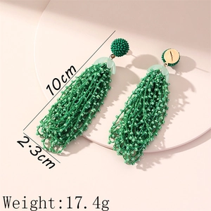 Long emerald green seed bead tassel earrings in bohemian style, 10cm length drop design