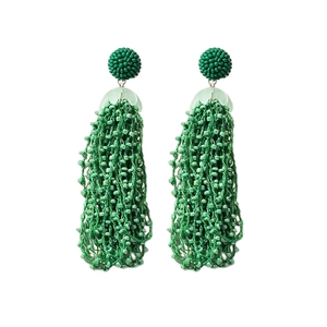 Bohemian emerald green seed bead tassel earrings with woven ball and petal accents