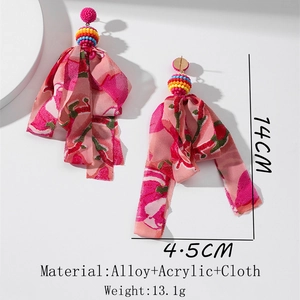 Long pink floral fabric tassel earrings with bohemian beads, 14cm length for party fashion