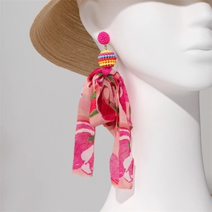 Bohemian Long Drop Earrings With Floral Chiffon Ribbon And Acrylic Rings For Women Summer Vacation Dangle Jewelry