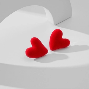 Elegant red flocked heart stud earrings with S925 silver needles for autumn and winter