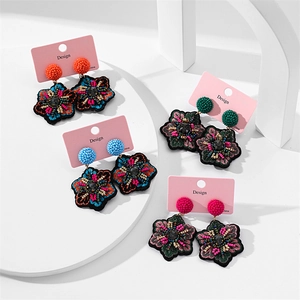 Ethnic style hand-embroidered floral earrings with colorful beads in four vibrant colors