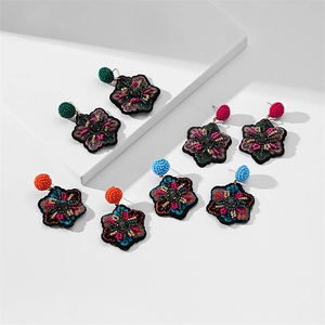 Ethnic handmade flower drop earrings with colorful beadwork and embroidery set