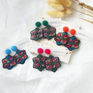 Bohemian Flower Drop Earrings Handmade Embroidery Fabric Seed Beads Acrylic Crystal With Stainless Steel Earring Post