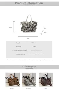 Detail view of large leopard print tote bag with dimensions 33x26x8cm and three color options