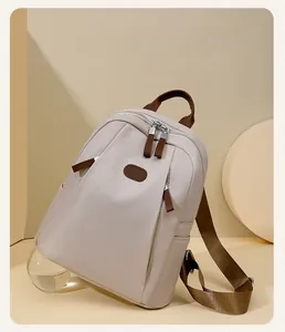 Detail of the high-density nylon backpack with brown leather zipper pulls and straps