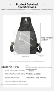 Dimensiones detalladas del bolso de pecho vintage de cuero PU negro con correa ajustable