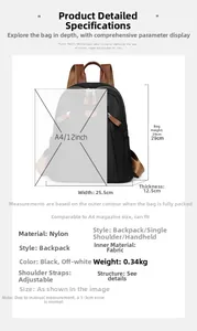 Detailed size specifications and A4 comparison for this lightweight black nylon backpack