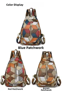 Tre varianti di borse a tracolla patchwork in blu, rosso e marrone con texture