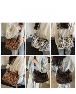 Three leopard print tote bags shown in models’ hand-held and cross-body style options