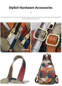 Dettagli della borsa in pelle patchwork colorata con cerniere dorate e fibbie in metallo