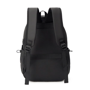 Black business backpack featuring ergonomic S-shaped straps and luggage strap on white background