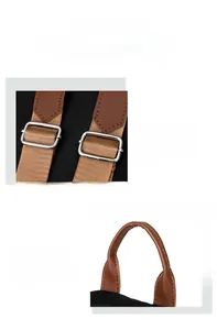 Close-up of adjustable brown strap and reinforced leather handle on the nylon backpack