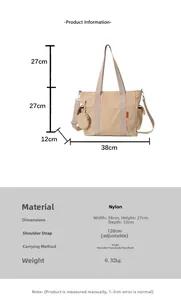 Large khaki nylon tote bag dimensions 38x27x12cm with adjustable strap and small pouch
